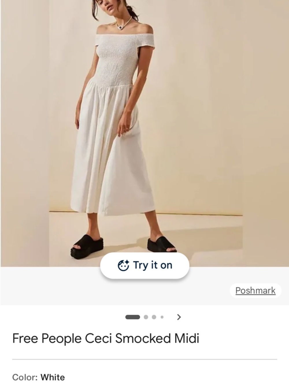Free People Ceci Smocked Off-Shoulder Midi Dress in White